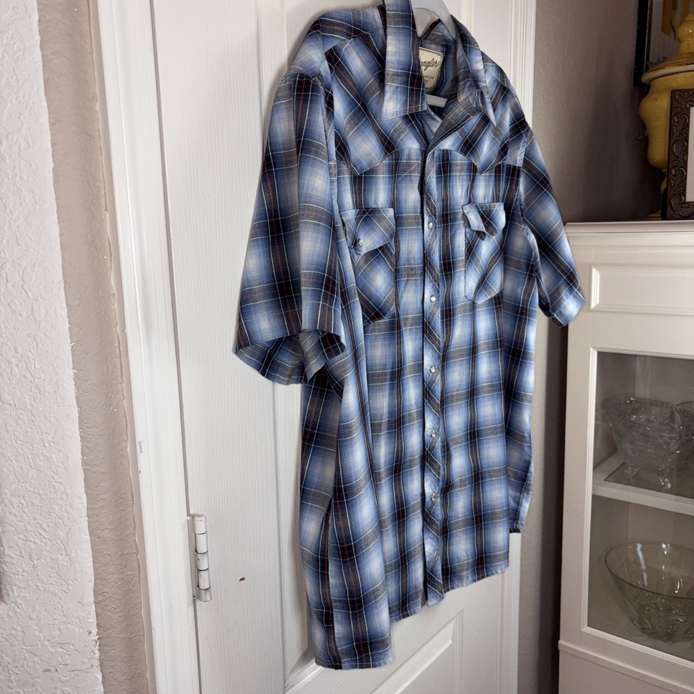 Wrangler Shirt Mens 2XL‎ Red White Blue Western Pearl Snap Plaid Short Sleeve